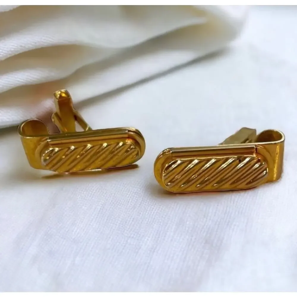 Vintage Gold Cuff Links Mens Art Deco Ribbed Bar 1970s Retro‎ Formal Event